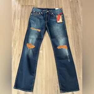 True Religion Blue and Orange Relaxed Jeans with Distressed Details